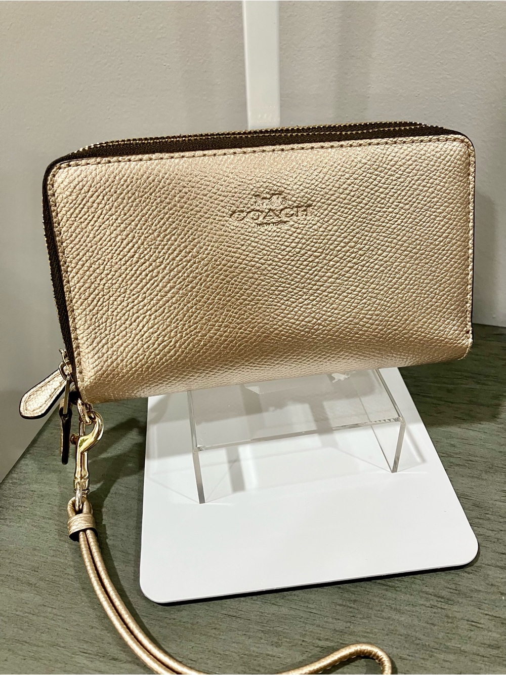 Coach Metallic Gold Pebbled Leather Wristlet with Detachable Strap